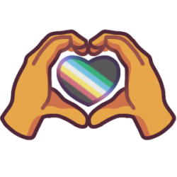 emoji yellow hands forming a heart, with the disabilility pride flag inside them, also shaped into a heart.